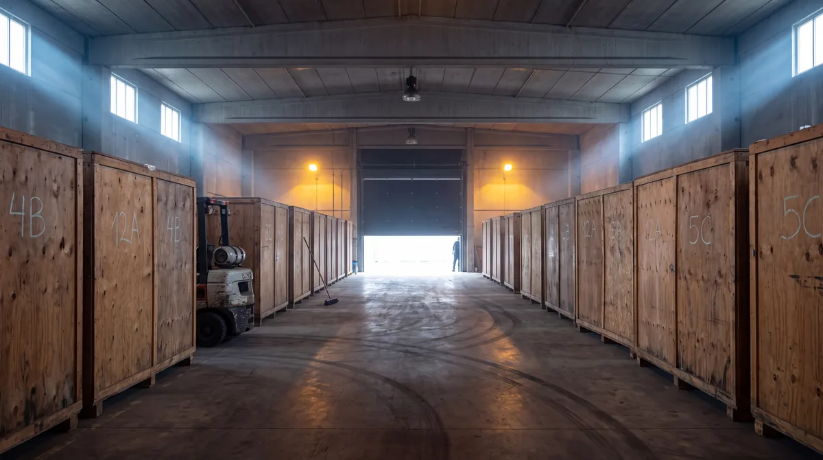 De loods met rijen houten opslagcontainers in het daglicht