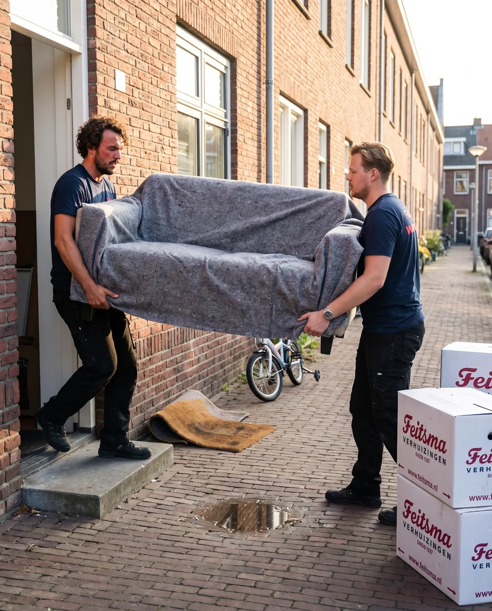 Two movers carrying a sofa wrapped in moving blankets through the front door to the street