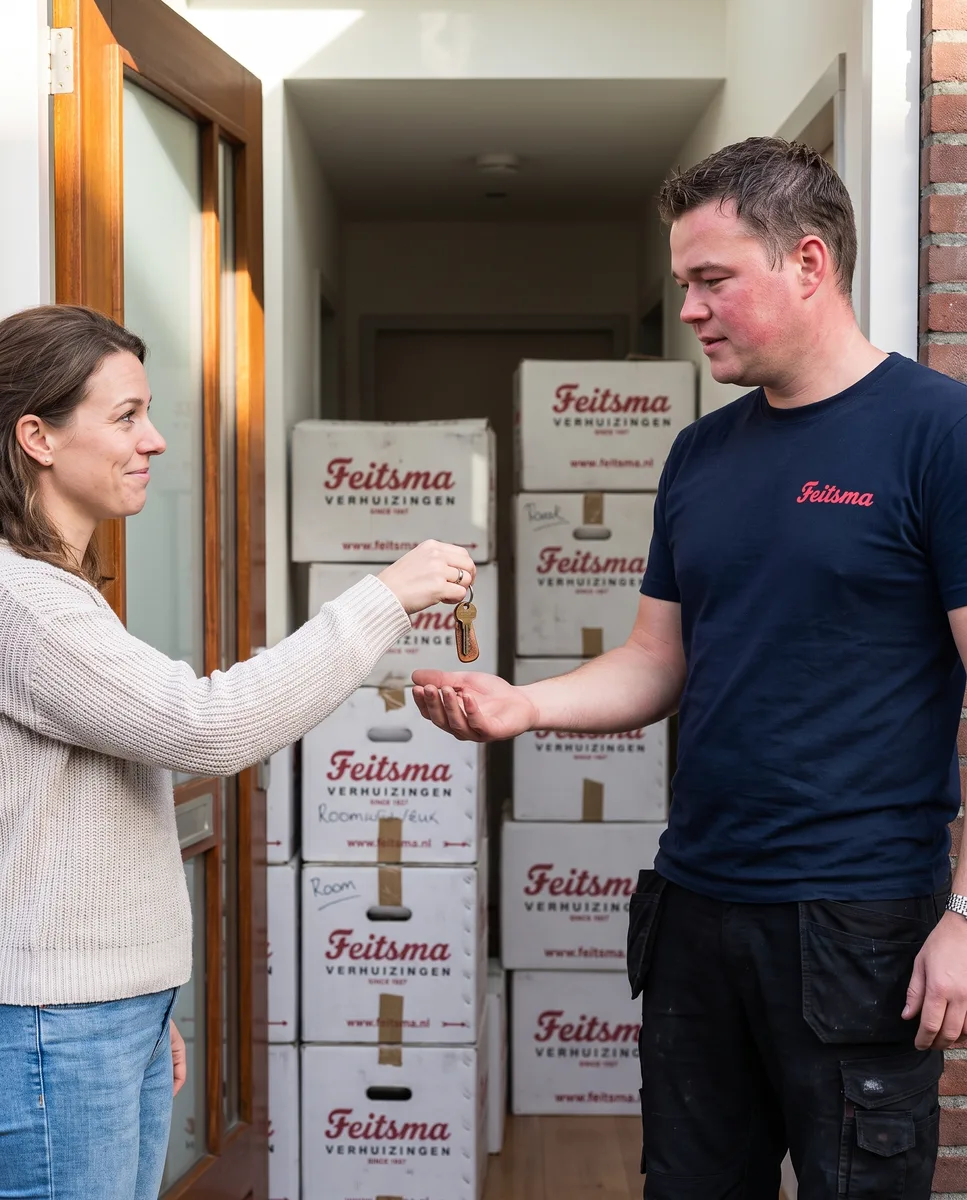 Resident handing her house key to the mover at the front door