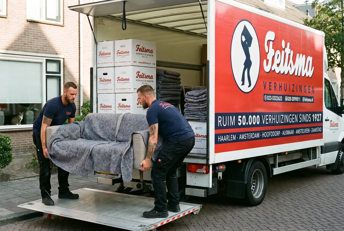 Sofa in moving blankets going up the tail lift into the Feitsma removal van