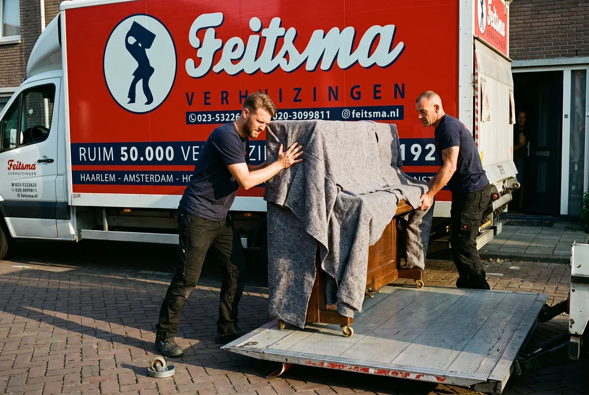 Piano in verhuisdekens staat op de laadklep van de Feitsma-wagen