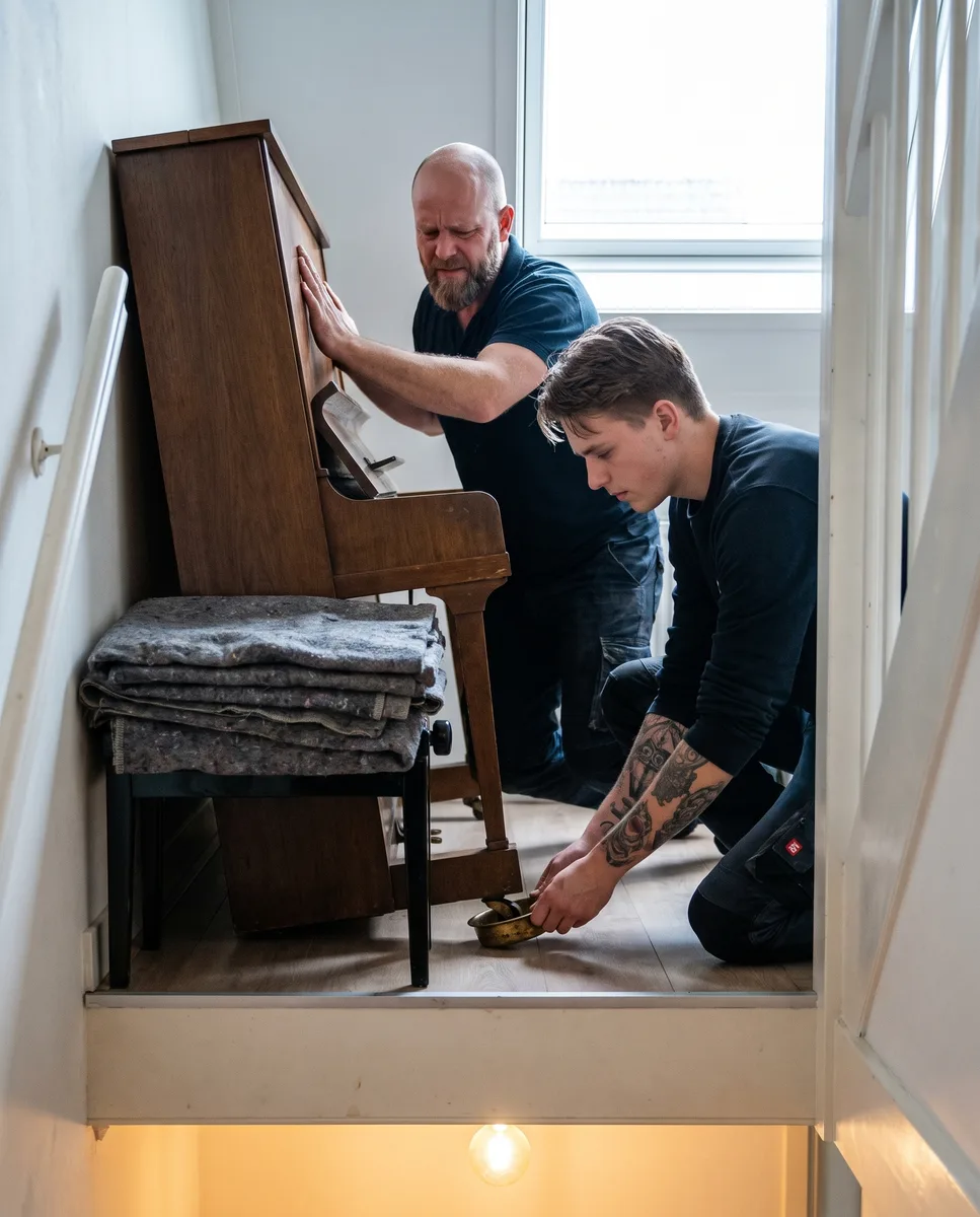 Verhuizers kantelen de piano en schuiven een castor cup onder het wiel