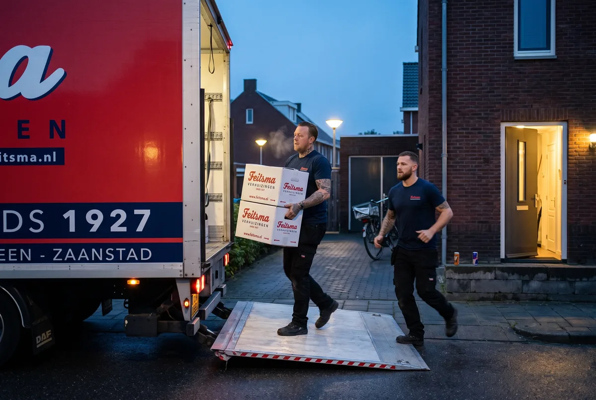 Verhuizers laden witte Feitsma-dozen in de vroege ochtend via de laadklep achterop