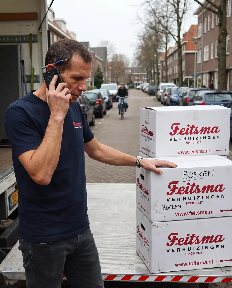 Voorman belt de planning bij de laadklep van de verhuiswagen