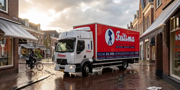 Feitsma-wagen in de winkelstraat na de regen