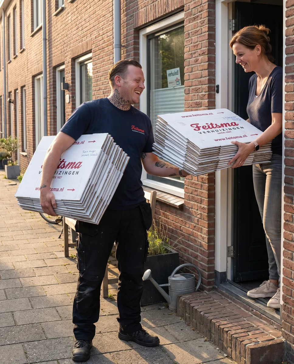 Klant geeft de gebruikte platgevouwen dozen terug aan de verhuizer
