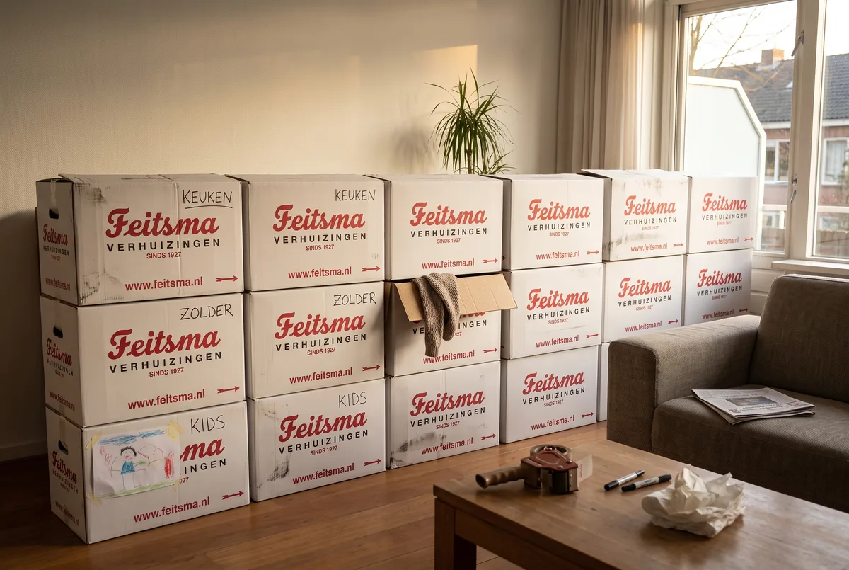Wand van gevulde witte Feitsma-dozen met handgeschreven labels in de woonkamer