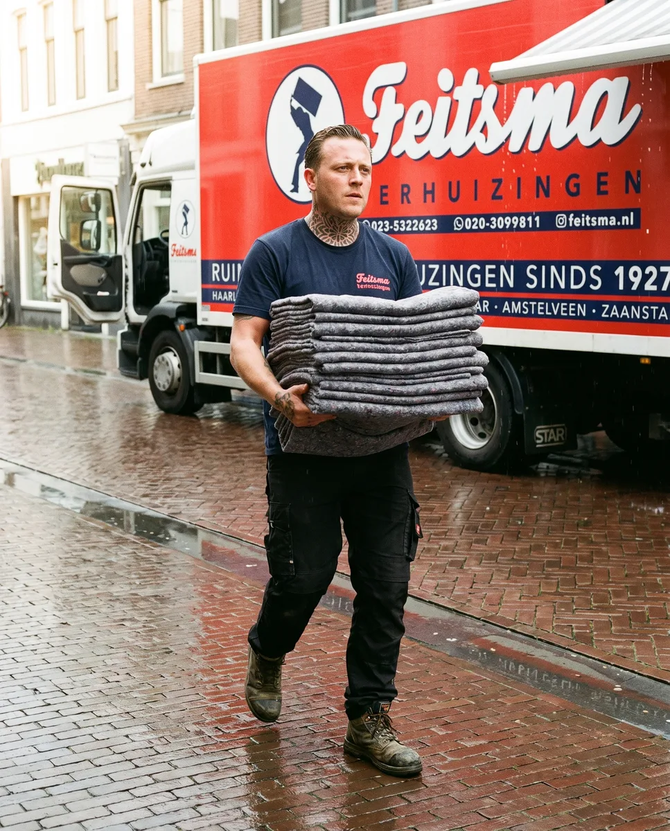Verhuizer draagt een stapel verhuisdekens naar binnen langs de Feitsma-wagen in de natte straat