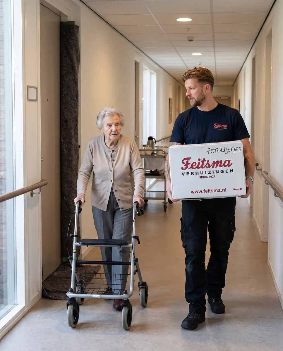 Verhuizer loopt met een doos naast een bewoonster met rollator door de gang van het zorgcomplex