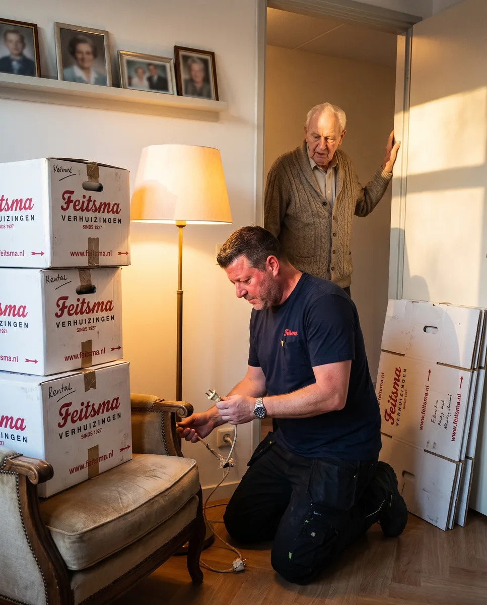 Verhuizer sluit de vertrouwde schemerlamp aan terwijl de bewoner toekijkt
