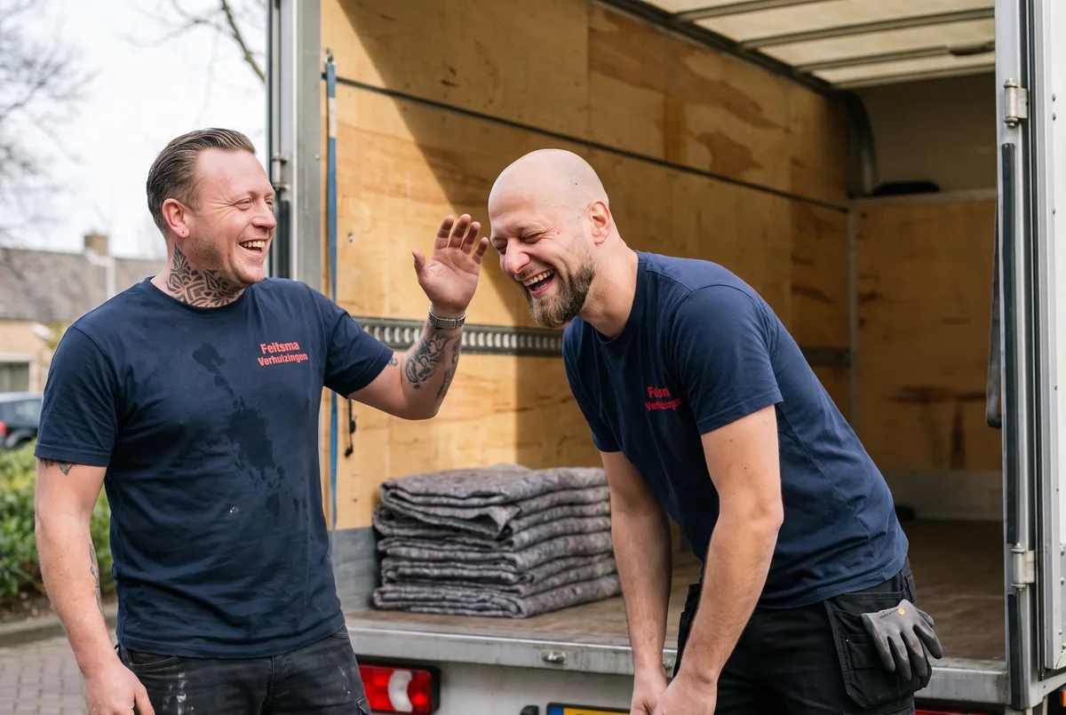 Two Feitsma movers sharing a laugh behind the open removal van