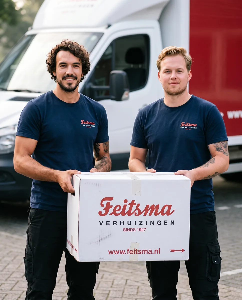 Twee verhuizers houden samen een witte Feitsma-verhuisdoos vast voor de wagen