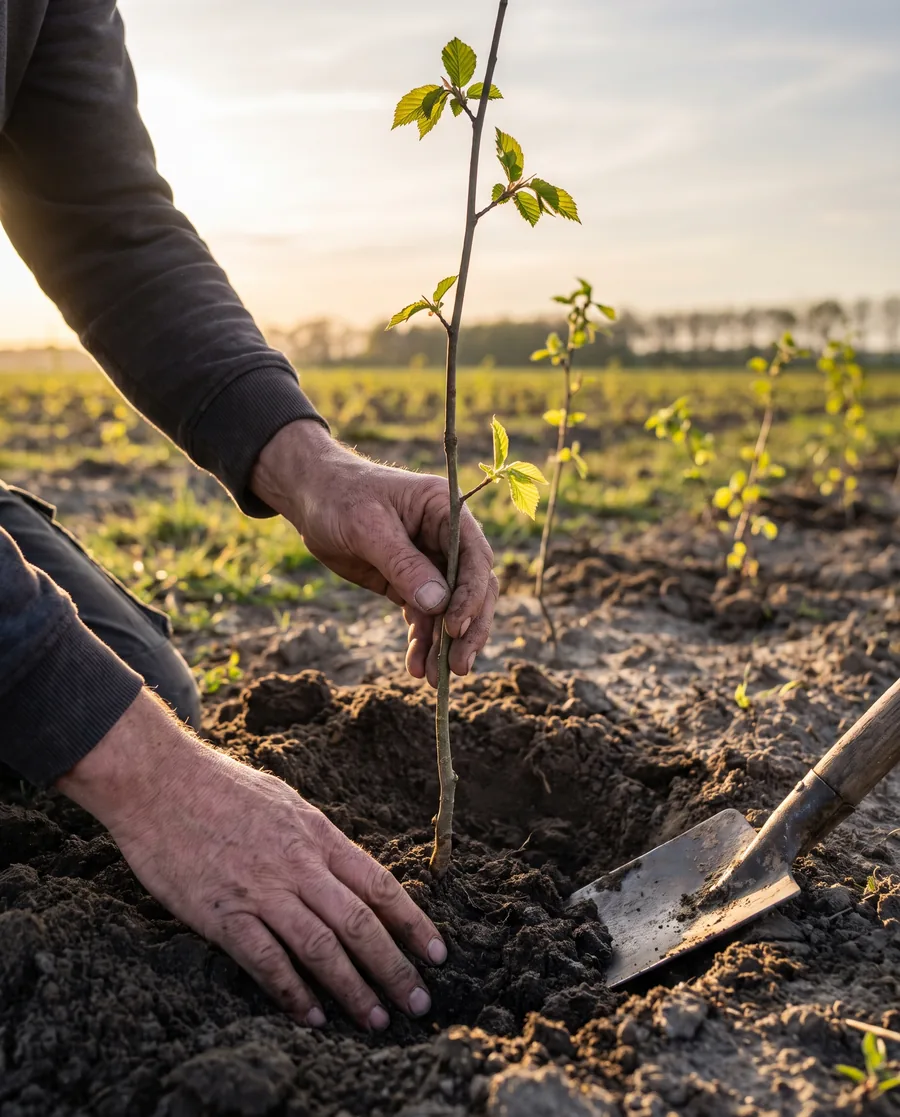 Handen planten een jong boompje in een veld met jonge aanplant, in laag avondlicht