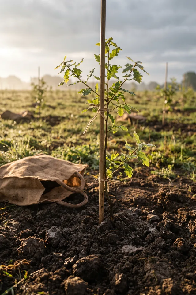 Jong geplant boompje aan een steunstok in een aanplantveld