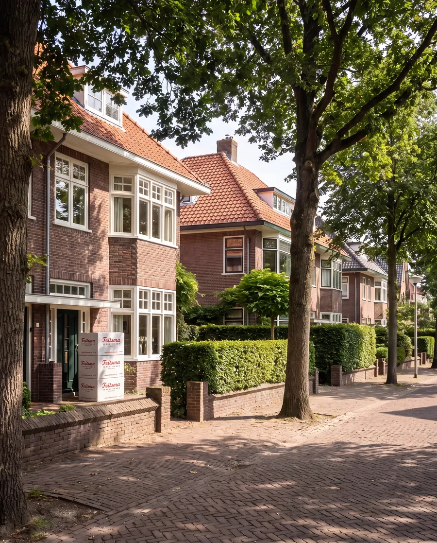 Feitsma moving boxes by the front door of a 1930s house on a tree-lined street in Heemstede