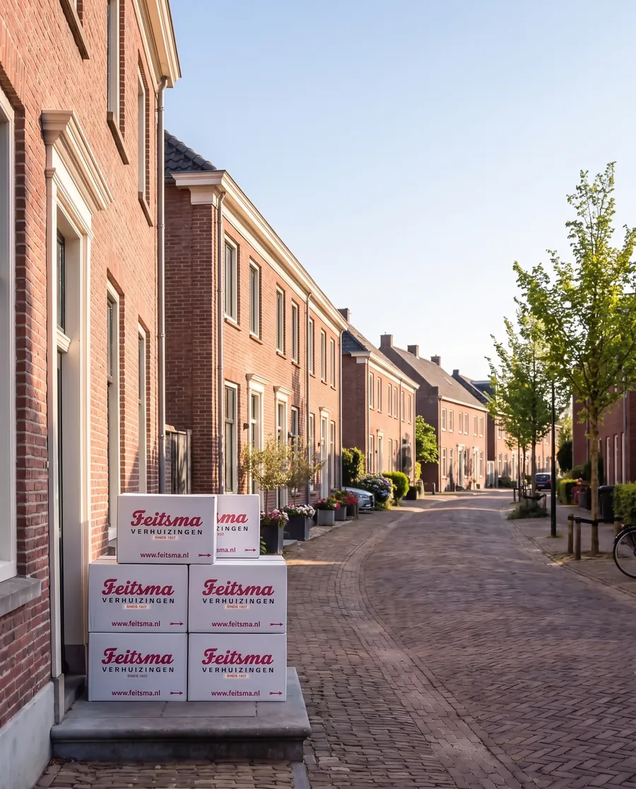 Woonstraat in het centrum van Hillegom op een zonnige dag met verhuisdozen bij een voordeur