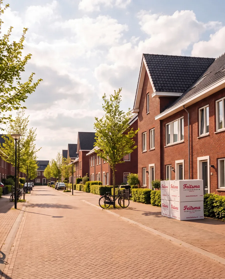 Brede woonstraat in Hoofddorp met verhuisdozen van Feitsma voor de deur