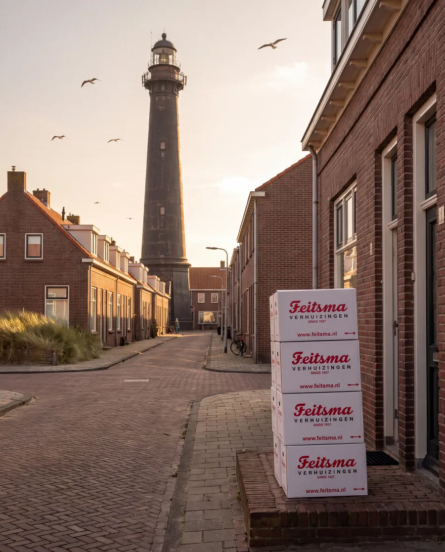 Verhuisdozen van Feitsma in een straat in IJmuiden, met de vuurtoren erachter