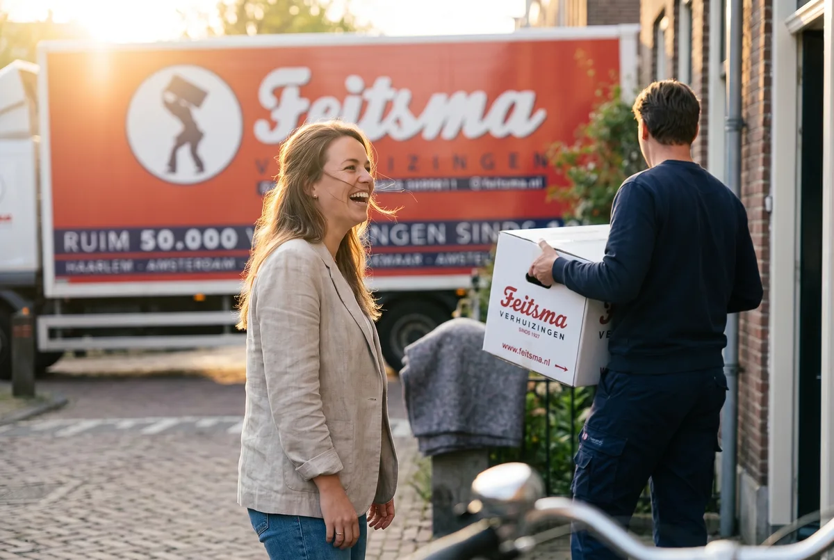 Klant lacht op straat op verhuisdag terwijl de verhuizer een witte Feitsma-doos naar binnen draagt