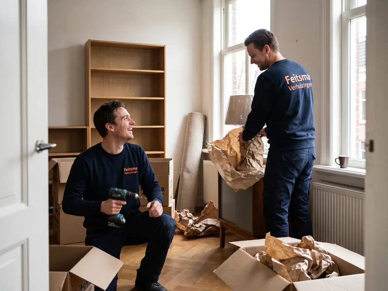 Verhuizer demonteert met een accuschroevendraaier een houten bed terwijl een collega een lamp in een verhuisdoos inpakt
