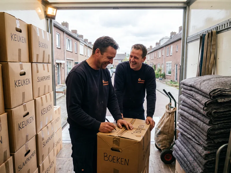 Geladen verhuiswagen van binnen: gestapelde verhuisdozen met de labels boeken, keuken en slaapkamer, en een stapel verhuisdekens