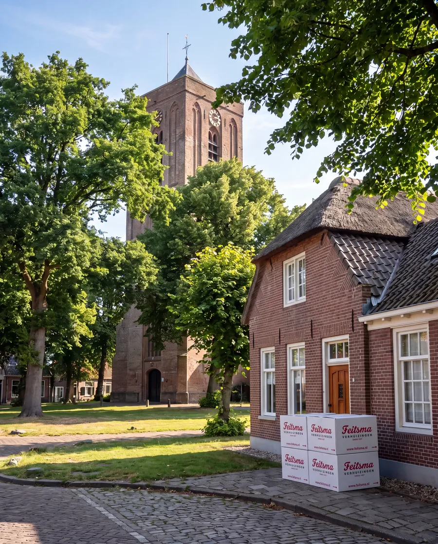Verhuisdozen van Feitsma aan de brink in Laren, met de kerk tussen de bomen