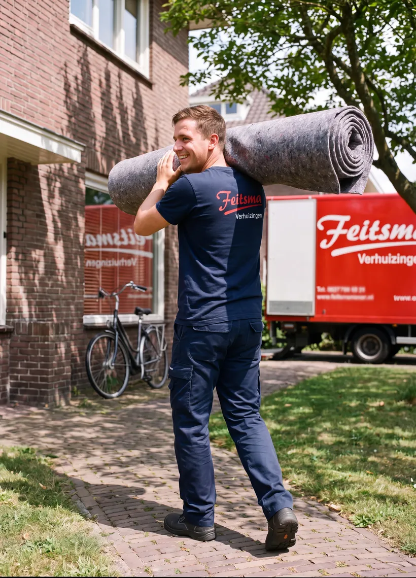 Verhuizer van Feitsma draagt een opgerold vloerkleed op zijn schouder bij de verhuiswagen