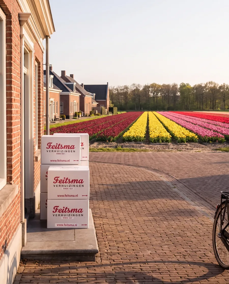 Bollenvelden in bloei bij Lisse op een zonnige dag met verhuisdozen bij een voordeur