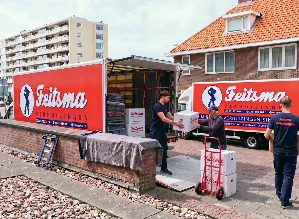 Verhuizers van Feitsma geven een verhuisdoos door bij de wagen