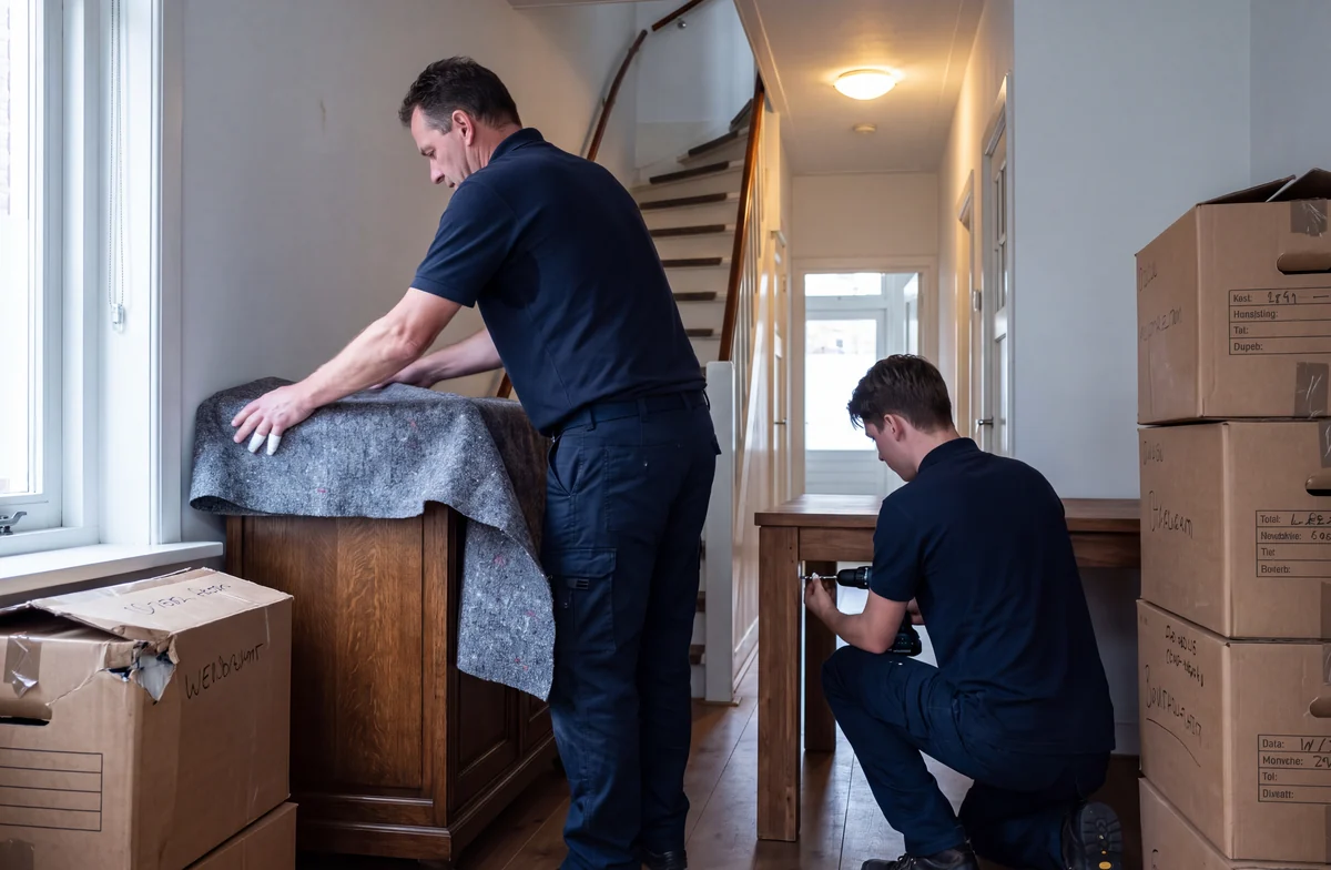Verhuizers pakken een kast in verhuisdekens en zetten een tafel weer in elkaar bij een verhuizing in Uithoorn