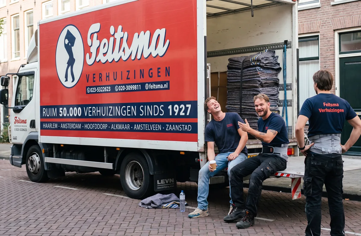 Verhuizers van Feitsma bij de wagen met de opdruk ruim 50.000 verhuizingen sinds 1927