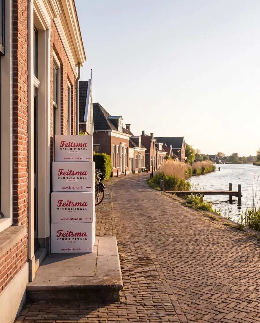 Woningen aan de Amstel in Uithoorn op een zonnige dag met verhuisdozen bij een voordeur
