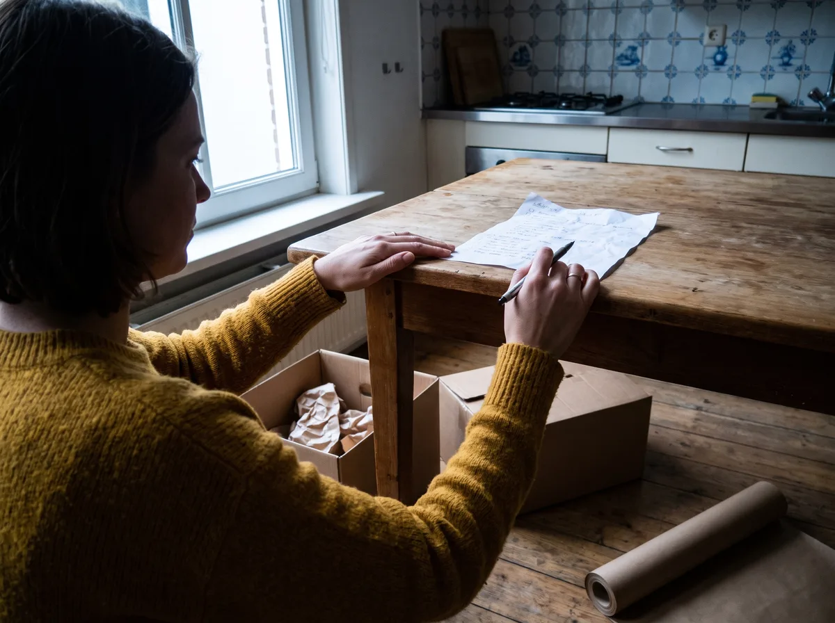 Verhuischecklist op papier wordt aan de keukentafel afgevinkt, tussen de verhuisdozen