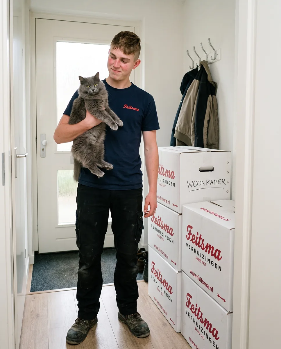 Verhuizer houdt de huiskat vast in de gang tussen de witte Feitsma-verhuisdozen