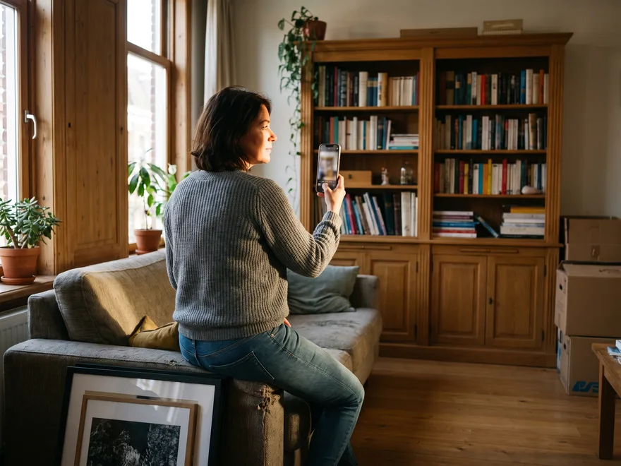 Klant fotografeert de boekenkast met haar telefoon voor een prijsindicatie