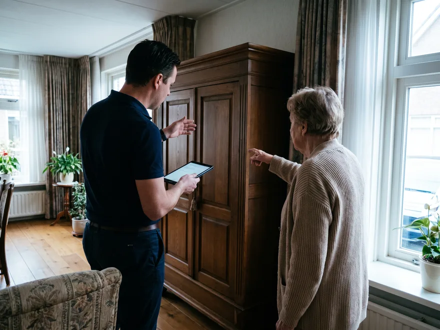 Opname aan huis: adviseur en bewoner bekijken samen de kast die mee moet