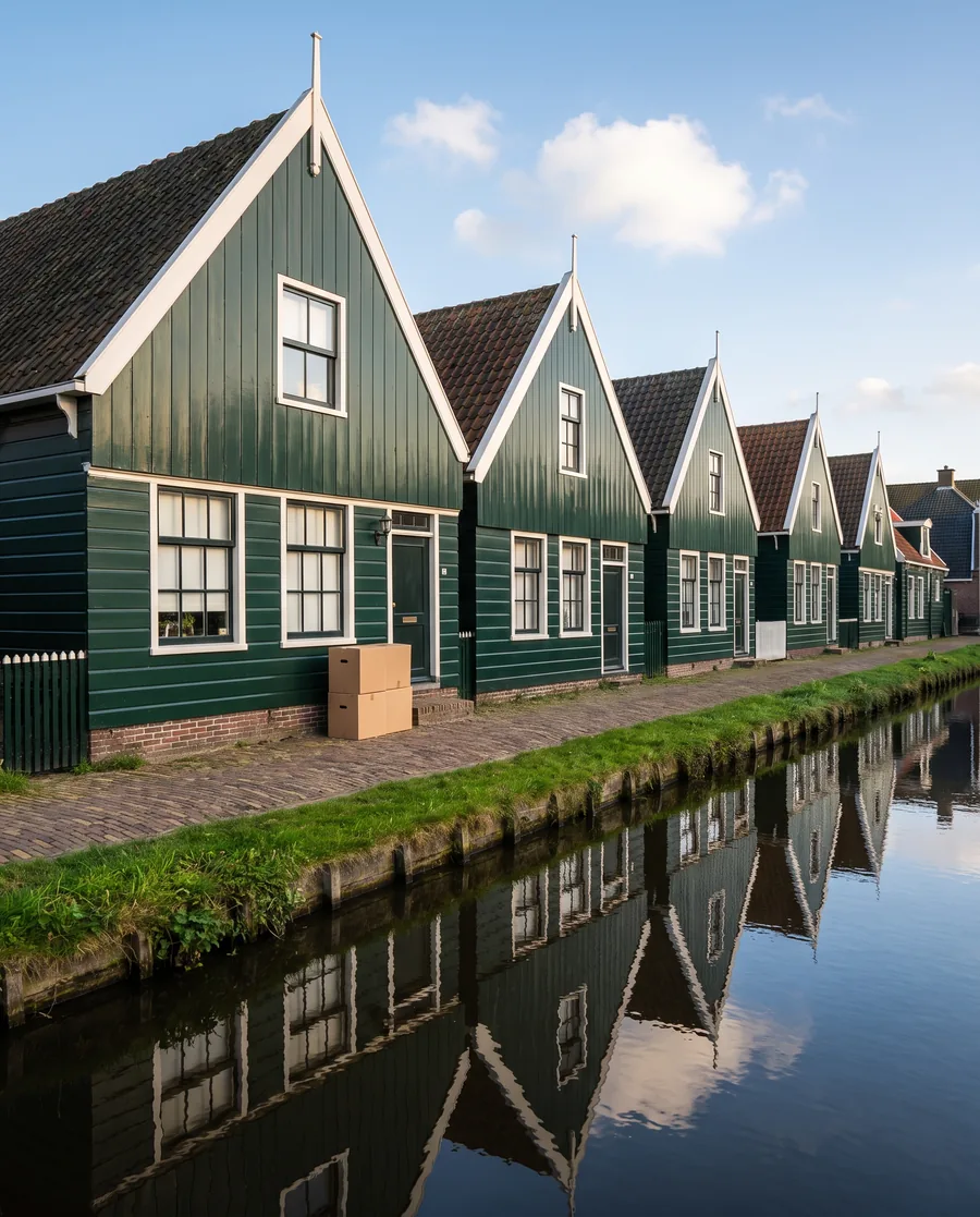 Green Zaanse wooden houses by the water in Zaanstad