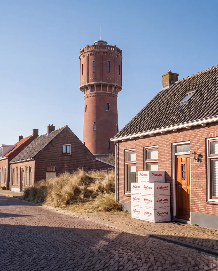 Feitsma moving boxes by a front door in Zandvoort, with the brick water tower behind